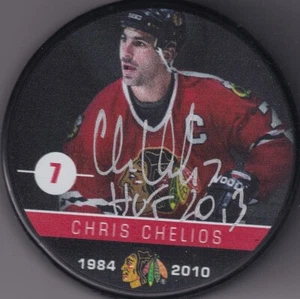 BECKETT CHRIS CHELIOS #7 "HOF 2013" SIGNED CHICAGO BLACKHAWKS PHOTO PUCK W547000 - Picture 1 of 2