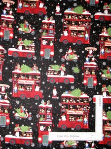 Double Decker Christmas Santa Deer Bus Car Black Cotton Fabric Northcott By Yard - Picture 1 of 1