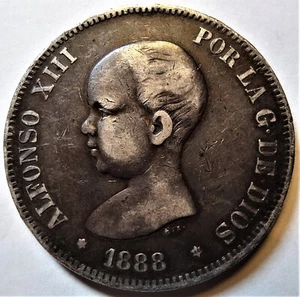 1888 MP-M Spanien 5 Peseten tief getönt ss+ Münze - Alfons XIII., 1. Portrait - Bild 1 von 4