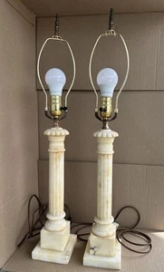 Pair Of Vintage/ Antique Italian Alabaster Marble Column Lamps Total Height 28” - Picture 1 of 16