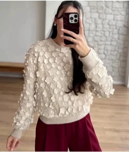 ZARA NEW Combination Knit Floral Sweater Sand Beige 8146/102 Size M - Picture 1 of 8
