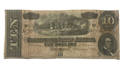Billete de banco moneda confederada Richmond Virginia VA de $10 de 1864 Foto 1 de 2
