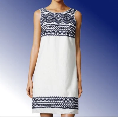 Max Mara Studio белый темно-синий вышитый без рукавов льняной Shift платье Sz XS - Изображение 1 из 4