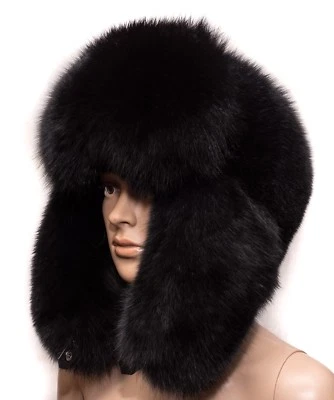 Genuine Black Velvet Fox Fur Handmade Men's Winter Cap Trapper Ushanka Hat - Image 1 of 4