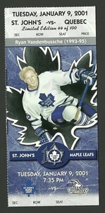 Ryan Vandenbussche  St John's Maple Leafs 2000-01 AHL LE Souvenir Hockey Ticket - Picture 1 of 2