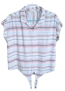 Weatherproof Womens XL Blouse Colorful Striped Front Tie Button Up Shirt Boho  - Picture 1 of 5