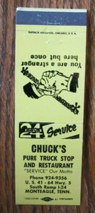 CHUCK'S PURE OIL GASOLINERA AÑOS 60 MATCHBOOK MATCHCOVER: MONTEAGLE TENNESSEE E19 - Imagen 1 de 2