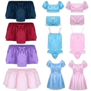 Mens Sissy Lingerie Soft Smooth Satin Skirt Dress Babydoll Sleepwear Nightdress - Picture 1 of 59