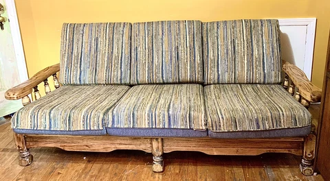 vintage slatted back wood frame couch with cushions Cover
