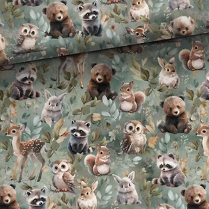 Baumwolle Baumwollstoff Patchwork Waldtiere Hase Rehkitz Fuchs Eule Grün - Bild 1 von 5