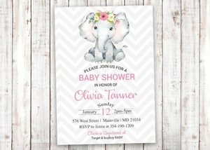 Invito baby shower elefante, floreale, rosa, ragazza, elefante, invito, bambino - Foto 1 di 1