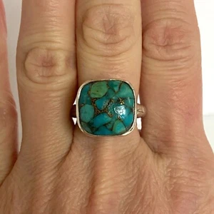 Sterling Silber 925 Indien Grob Kieselsteine Zargenfassung Quadrat Türkis Ring Gr. 8 - Bild 1 von 24