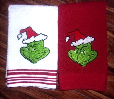 GRINCH WITH SANTA HAT EMBROIDERY RED AND WHITE HAND TOWELS  SET OF 2 - Image 1 of 3