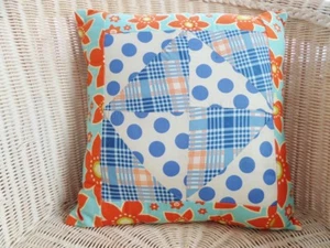 Decorator Pillow 15" Vintage Flour Sack Quilt Square 1930 1940 Orange Blue Aqua - Picture 1 of 5