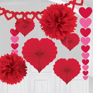 Red Heart Fans Pom Pom Garland Valentines Birthday Paper Decorations 9pcs