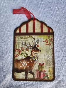 Vtg Style Retro Reindeer Gift Christmas Tree Tin Ornament - Picture 1 of 2