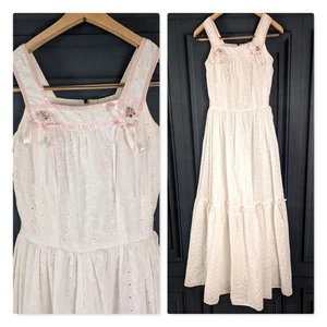 Vintage Prairie Maxi Dress White Eyeless with Pink Bows Flowers XS Small Phase 2 - Picture 1 of 10