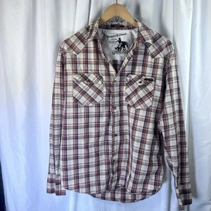 Volcom Mens Long Sleeve Pearl Snap Western Shirt Brown Plaid Medium EUC - Picture 1 of 12