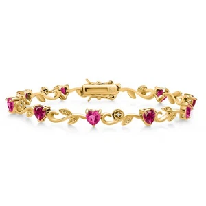 18K Yellow Gold Plated Silver Heart Shape Created Ruby Pink Created Sapphire - Picture 1 of 4