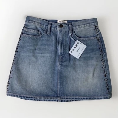 Frame Blue Distressed Denim Mini Skirt Stud Women’s Size 27 Capsule Preppy NWT - Image 1 of 4