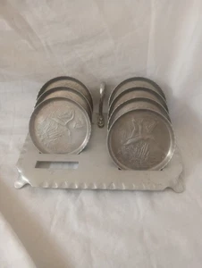 Lot Of 7 Vintage Hammered Aluminum "Ducks In Flight" Coaster Set. - Picture 1 of 2