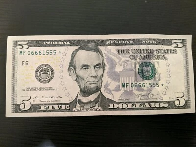 5 Dollar Bill Double Triples Star Note [  MF06661555*  ] - Image 1 of 2