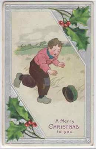 1909 Antique Postcard Dutch Boy Chasing Hat In Wind Merry Christmas Embossed - Bild 1 von 2