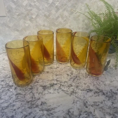 Pier 1 amber  Red yellow SWIRL STUDIO ART GLASS HandBlown Drinking HIGH BALL - Image 1 of 4