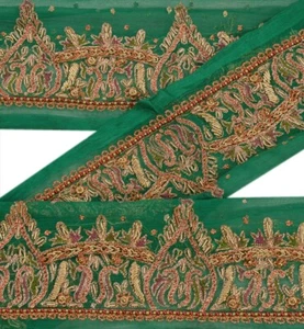 Sanskriti Vintage Sari Border Hand Beaded 1Yd Trim Indian Lace 3W Zari Green - Picture 1 of 6