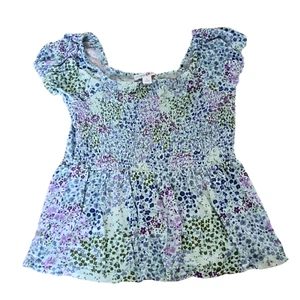 Soft Stretchy Floral Smocked Babydoll Short Sleeve Top Sz L (12/14) - Picture 1 of 4