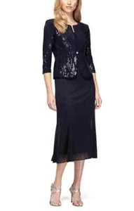 Alex Evenings 2-Piece Tea Length Firework Sequin Jacket Dress Buttoned Navy UK 8 - Picture 1 of 10