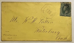 OCTAGONAL BROWN FANCY CANCEL 1880 MENDOCINO, CA COVER SENT TO WATERBURY CT BKSTP - Picture 1 of 3