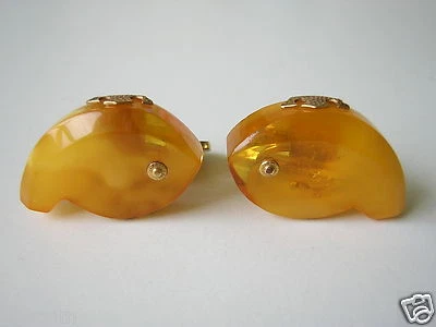 Natur Bernstein Manschettenknöpfe Fisch Butterscotch Honig Russland 12,7g - Bild 1 von 4