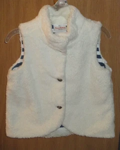 Hanna Andersson Girl's 110 US 5 Cream Faux Fur Blue Stripe Lined Button Vest - Picture 1 of 3