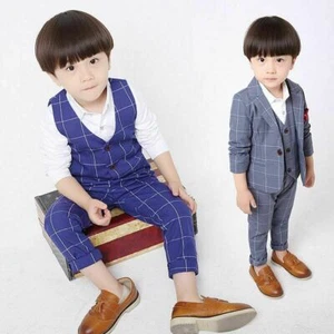 Kids Boys Grid Suit Vest Shirt Pants Bow tie Wedding Formal Tuxedo Clothes Set - Picture 1 of 18