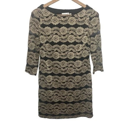 Eliza J golden floral scalloped lace mesh overlay shift cocktail dress size 10p - Image 1 of 4