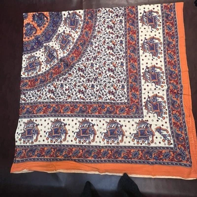 Indian Tapestry Elephants People Horses Flowers Navy Red Orange Blue - Image 1 of 4