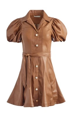 ALICE + OLIVIA CAMEL OFRA ВЕГАНСКИЙ КОЖАНЫЙ МИНИ-ПЛАТЬЕ С ГАЛСТУК РЕМЕНЬ размер 0 $465 - Изображение 1 из 4