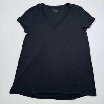 Camisa Lilly Pulitzer Mujer Mediana Negra Cuello en V Tejida Slub Manga Corta Camiseta Foto 1 de 4