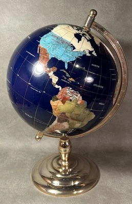 Large 20" High 13" Dia. Lapis Gemstone World Globe On Polished Brass Stand - Image 1 of 4