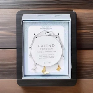 NEW Friend Forever Adjustable Charm Bracelet Butterfly 2-Tone Cz Stone Gift Box - Picture 1 of 8