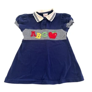 Buster Brown Vintage 90s Girls Size 4 Navy Stripe Dress ABC Apple Design - Picture 1 of 7