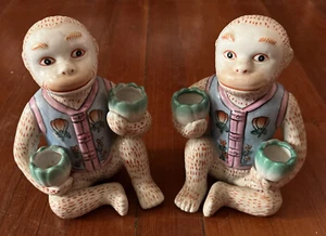 Pair of Andrea by Sadek Chinoiserie Monkey Figurines w/ Bowls Candle Holders - Picture 1 of 15