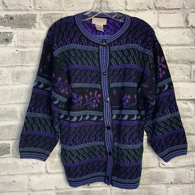 Cárdigan suéter vintage Woodward's para mujer M púrpura tejido Cottagecore Grandmacore Foto 1 de 4
