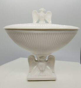 Vtg White Porcelain Eagle Pedestal Covered Candy Dish With Eagle Finial Gorgeous