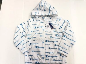 New! Champion Big Boys Allover Logo Script Windbreaker white/blue size 5/6/7 - Picture 1 of 9