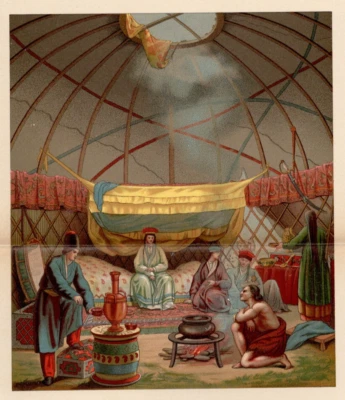 INTERIOR DA RÚSSIA - Cena de Yurt com Samovar e Família 1888 Cromolitógrafo Antigo - Imagem 1 de 3