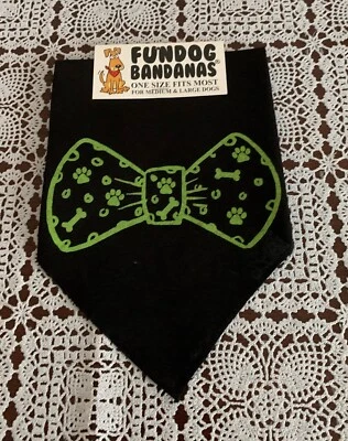 Doggiedanna Black Dog Bandana Green Bow Tie Design MEDIUM LARGE Tie On  Scarf  - Image 1 of 3