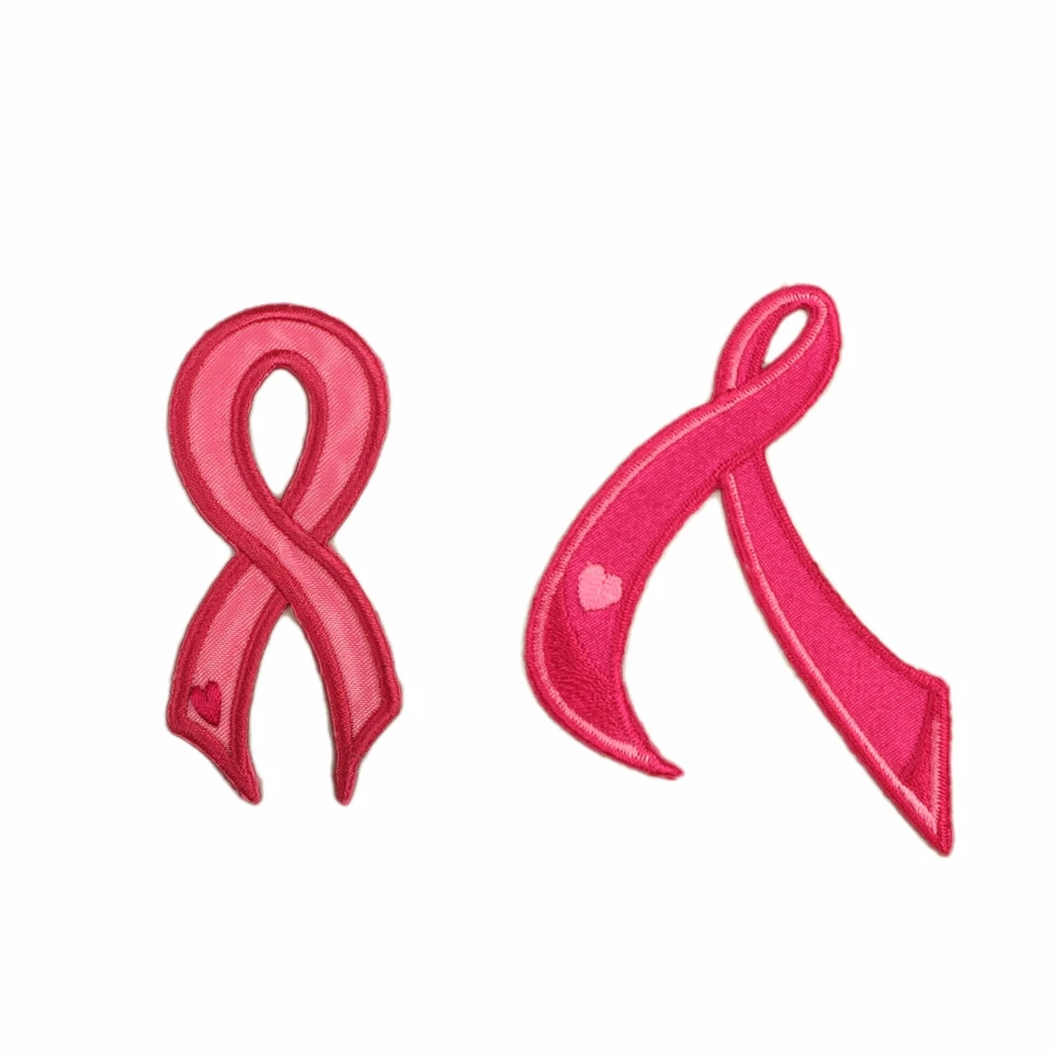 Satin Embroidery Heart Pink Cancer Awareness Ribbon Iron-On Applique Sticker  - Image 1 of 1
