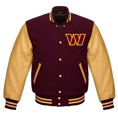 Washington Commanders Maroon Body Golden Leather Varsity Jacket - Image 1 of 4